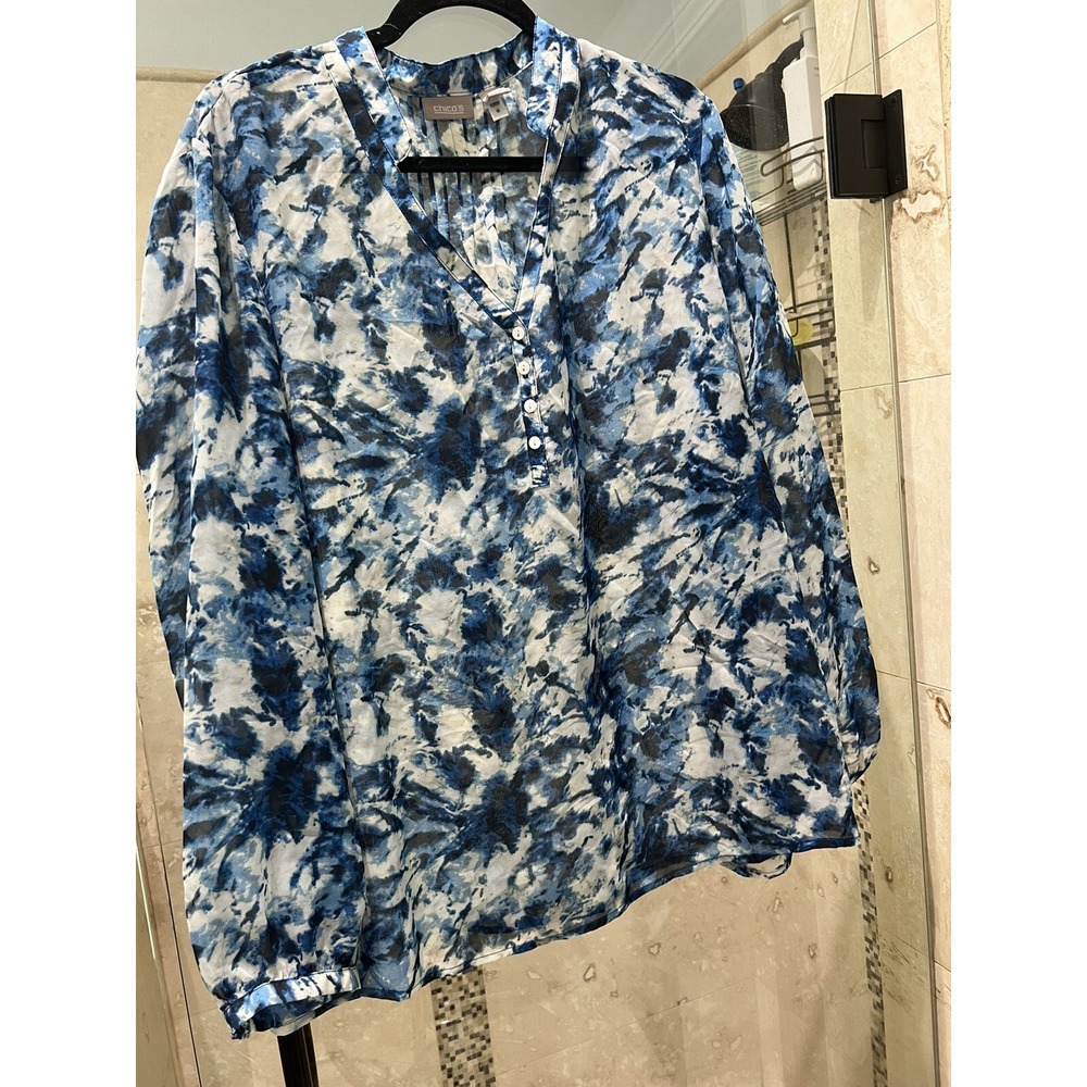 Chicos Size 3 Tunic Top  Vneck Pullover Blouse Sheer Women's Tropical Batik